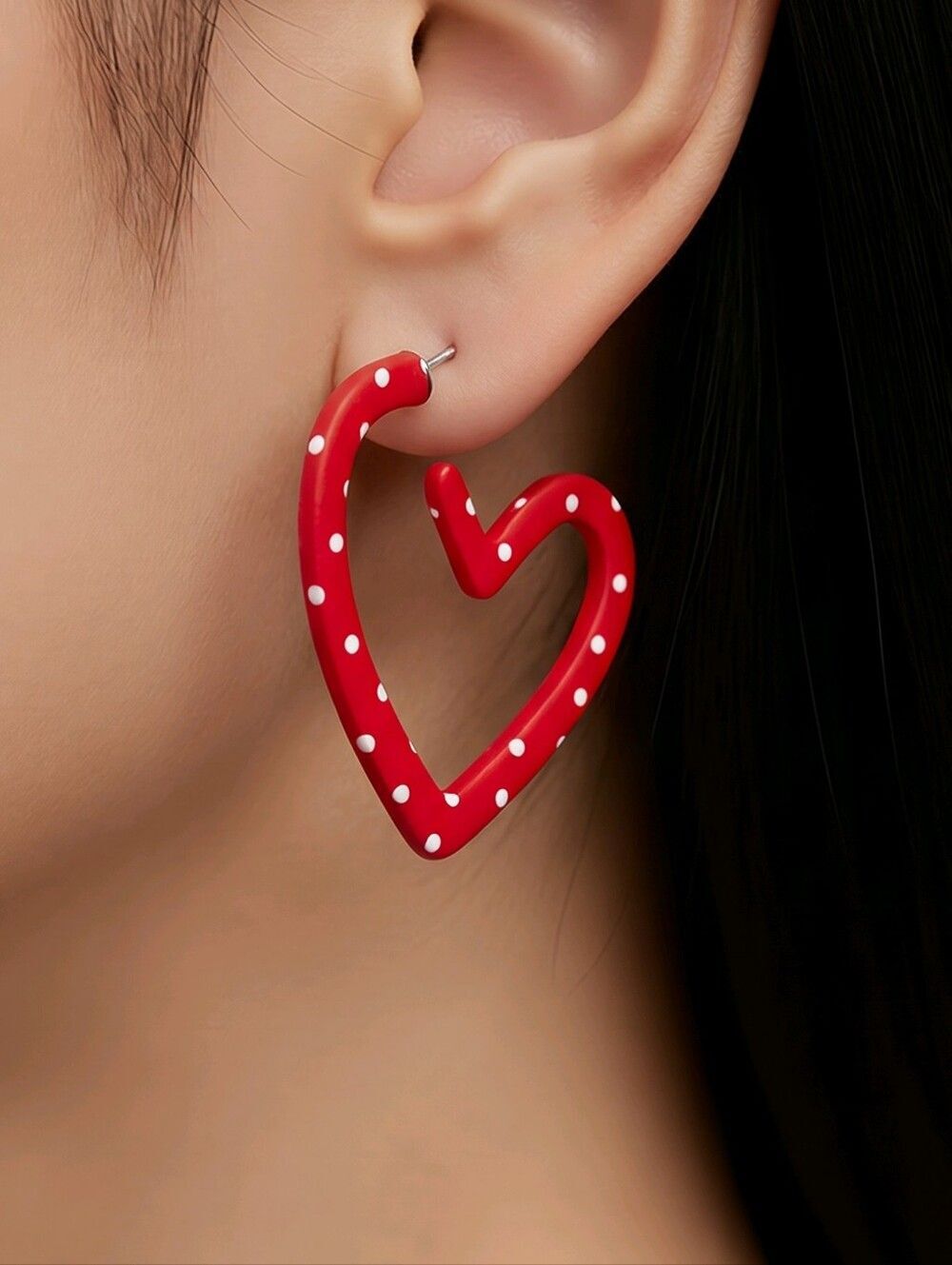 Red Heart Hoop Earrings White Polka Dot Acrylic Retro Valentine Statement 1.4"